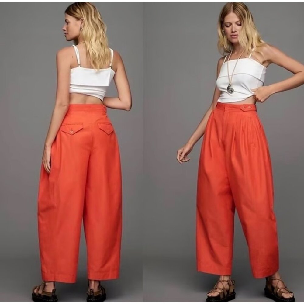 Anthropologie Utility Barrel Trousers Pants Women 12 Orange Pleated Classic Boho